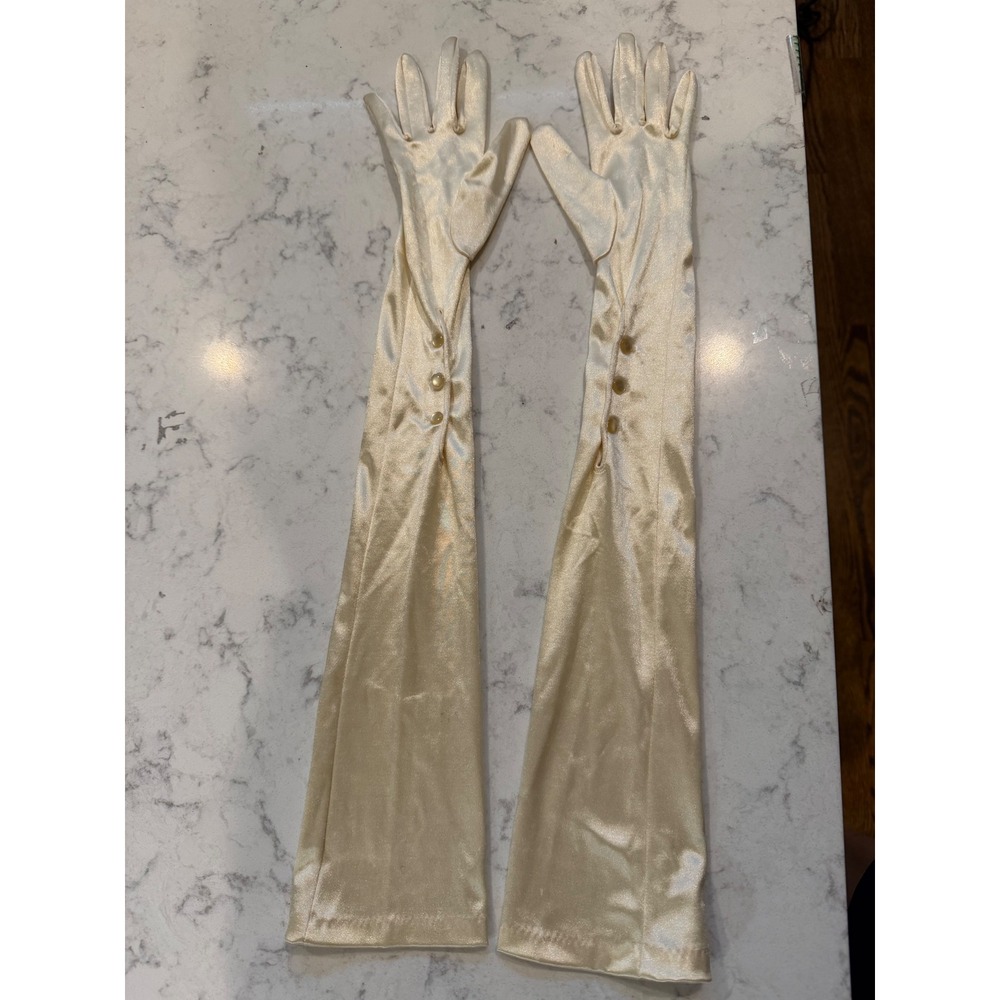 Vintage Champagne Satin Opera Length Evening Gloves Button Wrist Made in HK